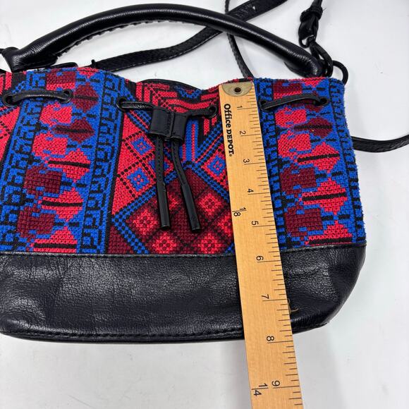 Leather Boho Aztec Western Embroidered Crossbody Bucket Bag Elliott Lucca Black - Picture 12 of 16